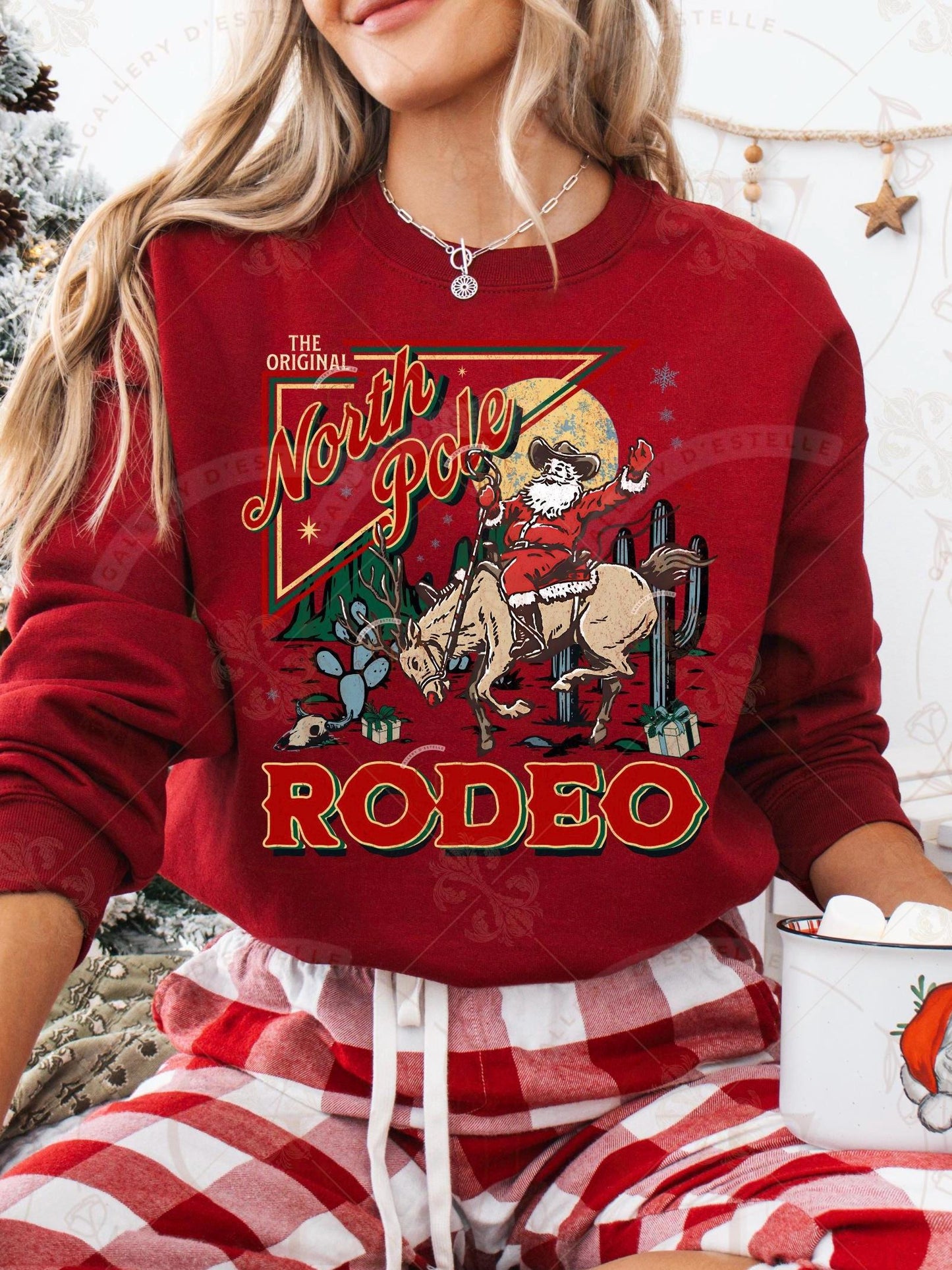 Retro North Pole Rodeo PNG, Festive Cowboy Santa Christmas Graphic, Western Holiday Shirt Design