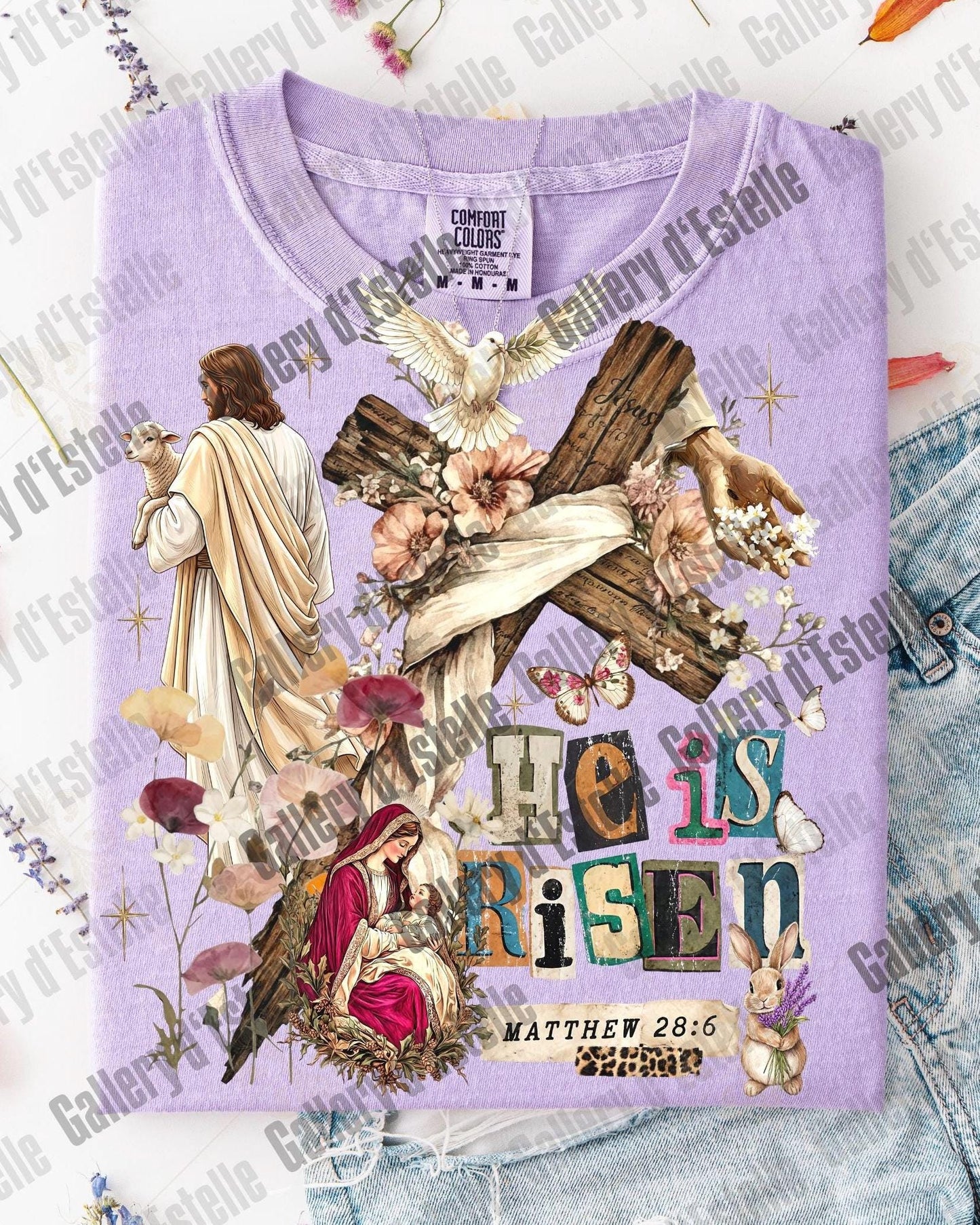 He Is Risen Collage PNG, Vintage Floral Easter Graphic, Coquette Christian Shirt Design