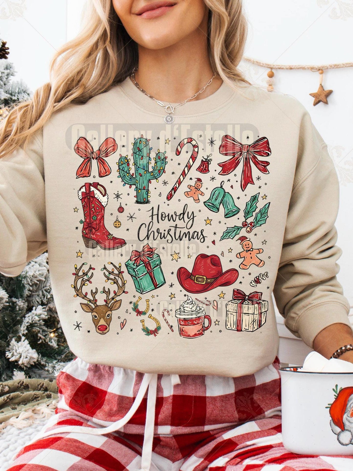 Coquette Cowgirl Christmas Collage PNG, Festive Western Doodle Art, Cowboy Reindeer Holiday Graphic, Trendy Country Shirt Design