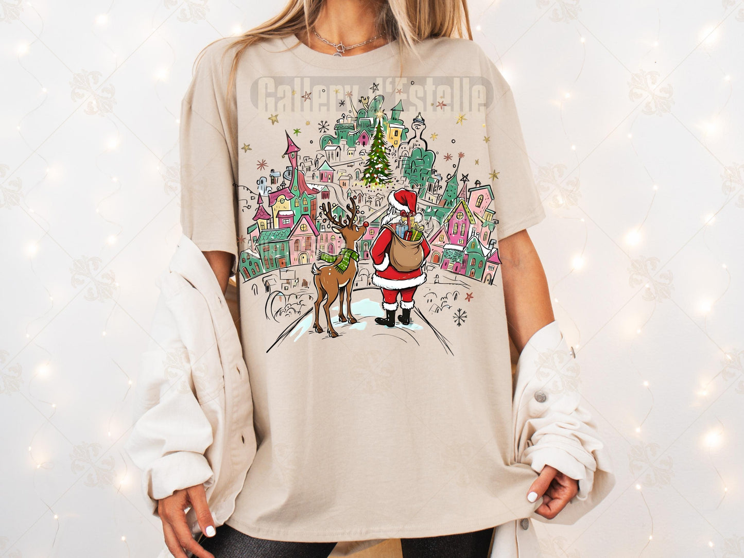 Retro Santa Town PNG, Coquette Christmas Reindeer Graphic, Nostalgic Holiday Sublimation, Festive Shirt Design