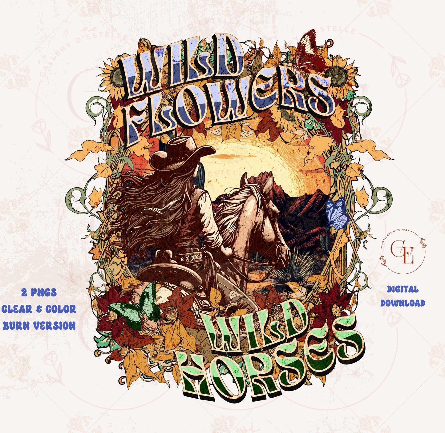 Wild Flowers Wild Horses PNG, Boho Floral Vintage Western Art, Retro Cowgirl Rodeo Graphic, Trendy Country Shirt Design