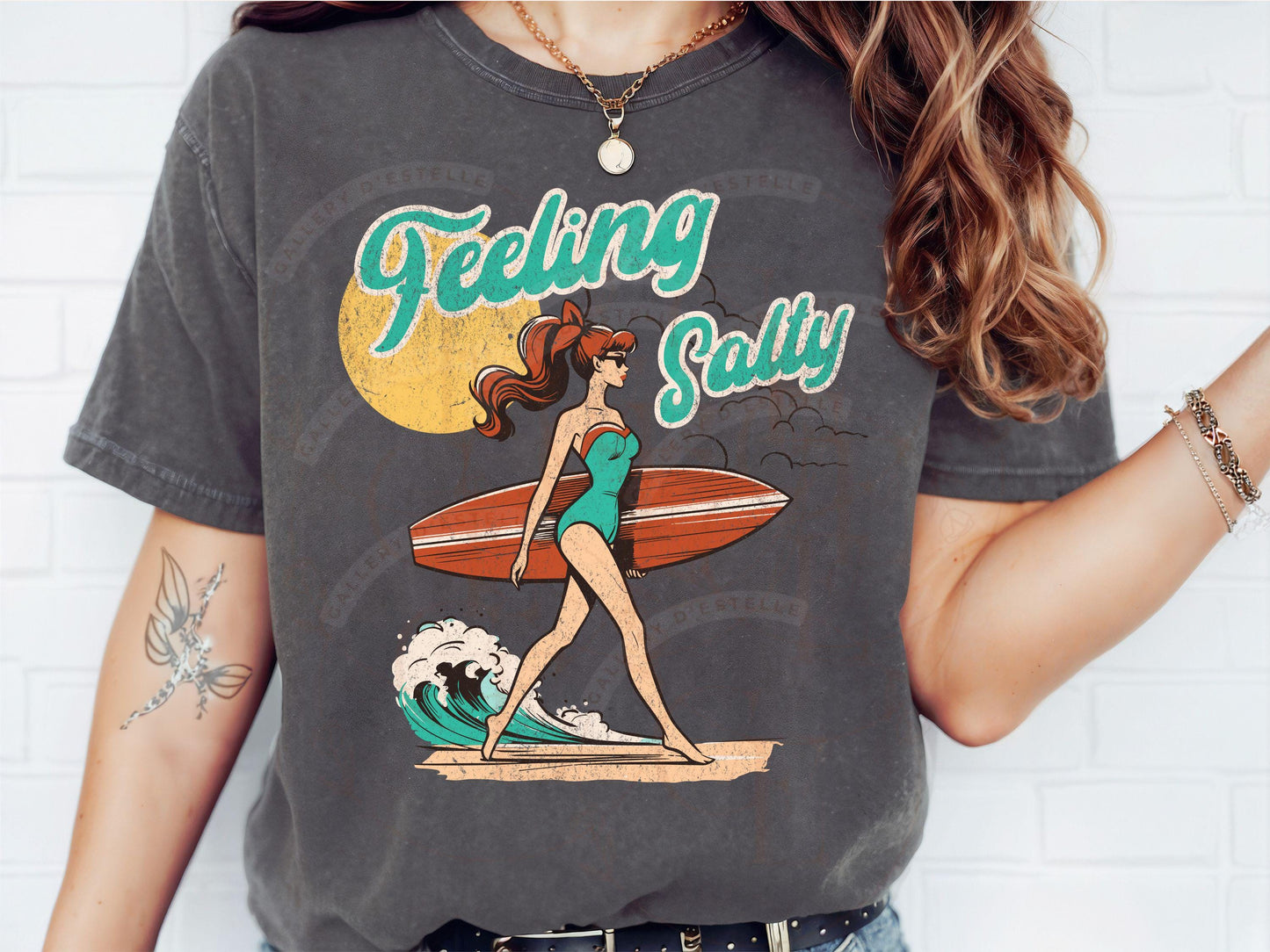 Feeling Salty PNG, Retro Vintage Surf Girl Graphic, Trendy Coastal Beach Shirt Design