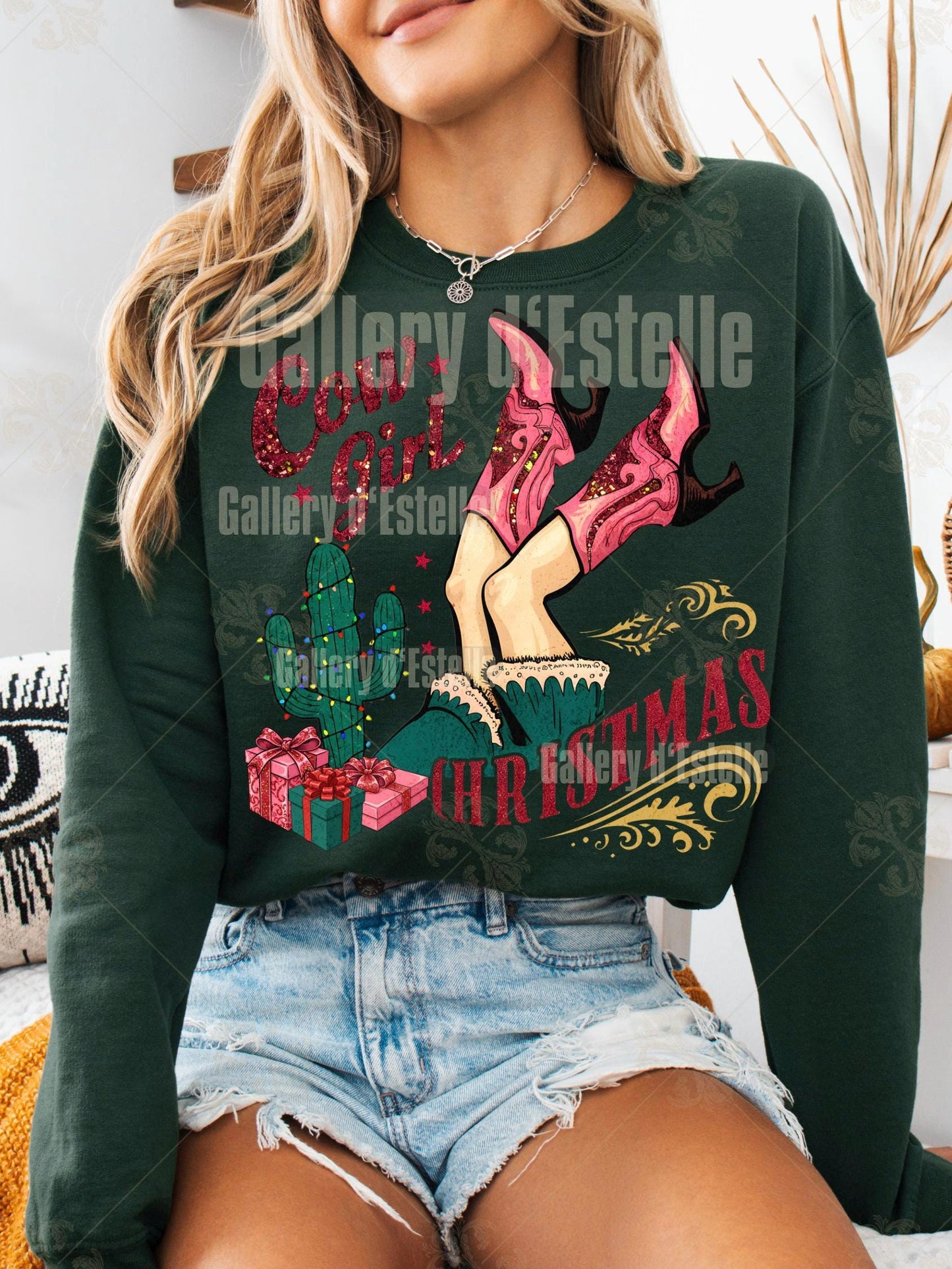 Preppy Cowgirl Christmas PNG, Retro Western Boots Holiday Graphic, Festive Country Shirt Design