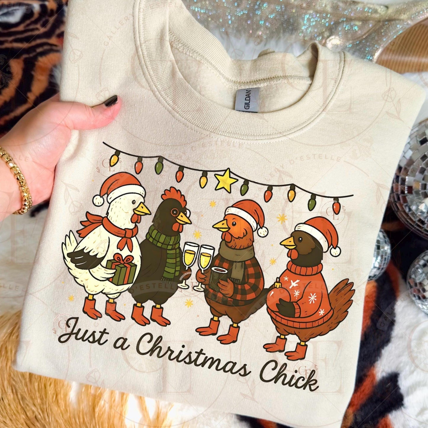 Just a Christmas Chick PNG, Festive Retro Chicken Graphic, Cute Farmhouse Holiday Art, Trendy Country Christmas Shirt Design