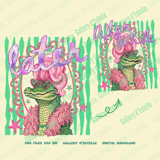 Illustration of a crocodile with pink hair and accessories on a light green background with text 'After While'.