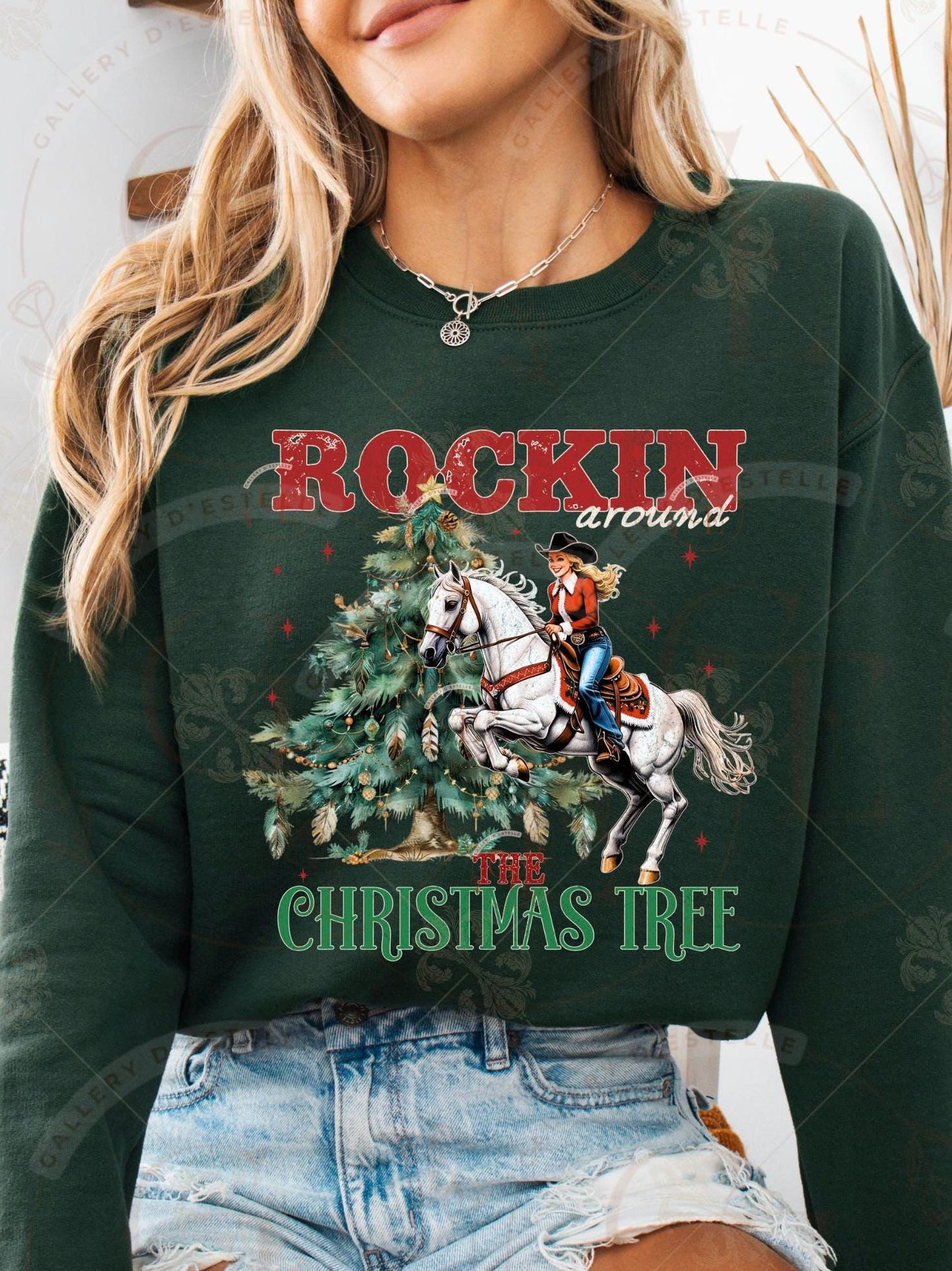 Rockin Around the Christmas Tree PNG, Retro Western Cowgirl Graphic, Festive Rodeo Design, Trendy Holiday Shirt Sublimation