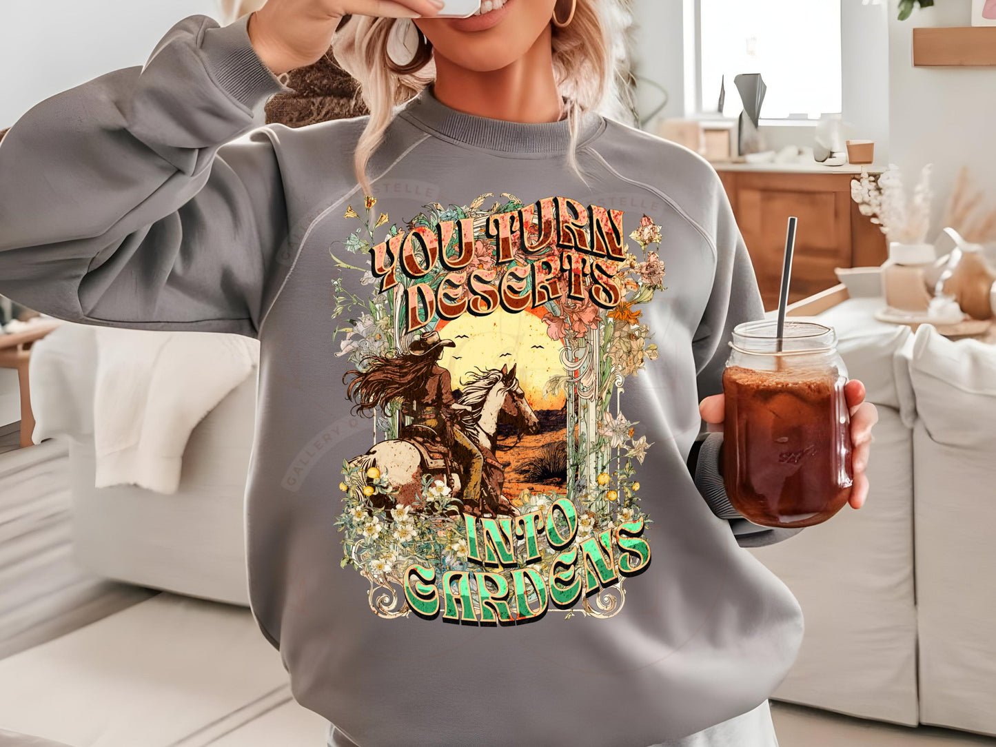 You turn Deserts into Gardens PNG, Boho Western Cowgirl Rodeo Graphic, Floral Wild West Art, Trendy Country Shirt Design