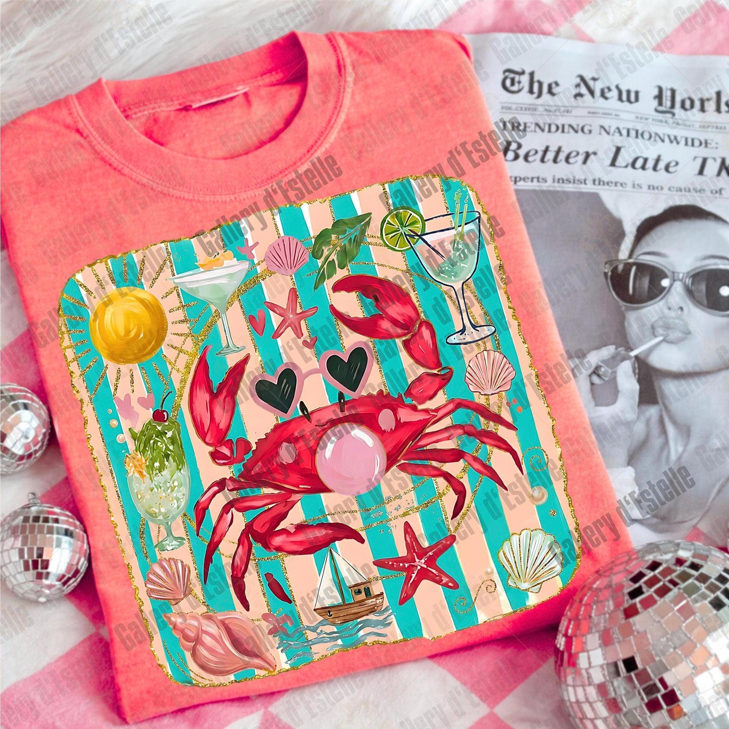 Crab Blowing Bubble PNG, Coquette Coastal Crab Graphic, Trendy Summer Beach Shirt Design