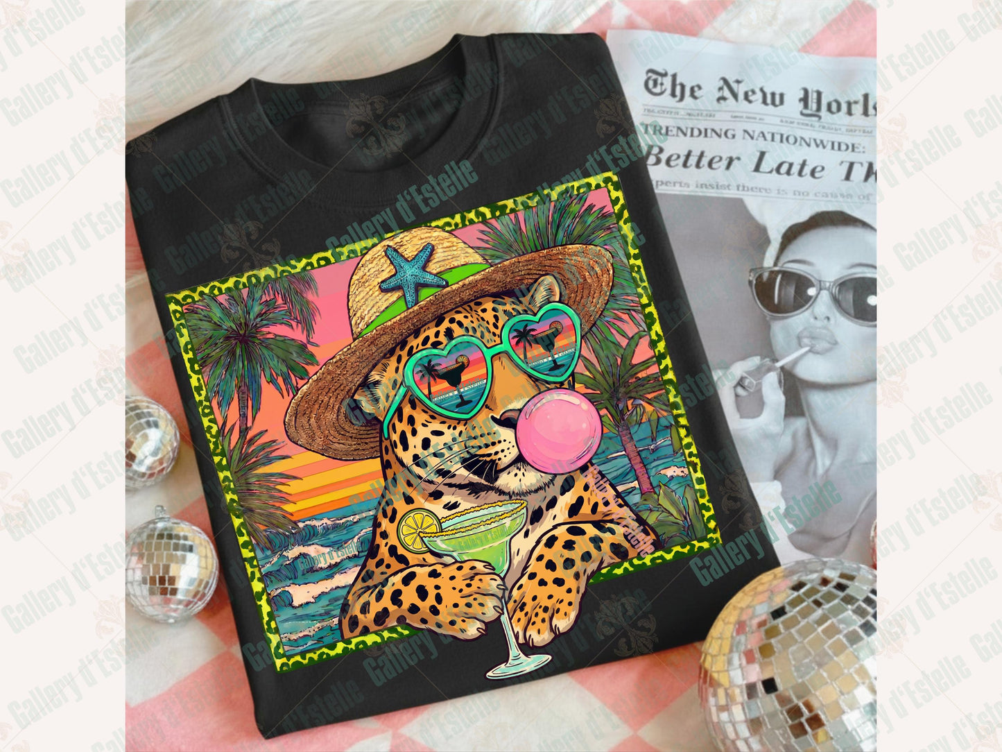Leopard Summer PNG, Retro Coastal Cheetah Margarita Graphic, Trendy Tropical Beach Shirt Design