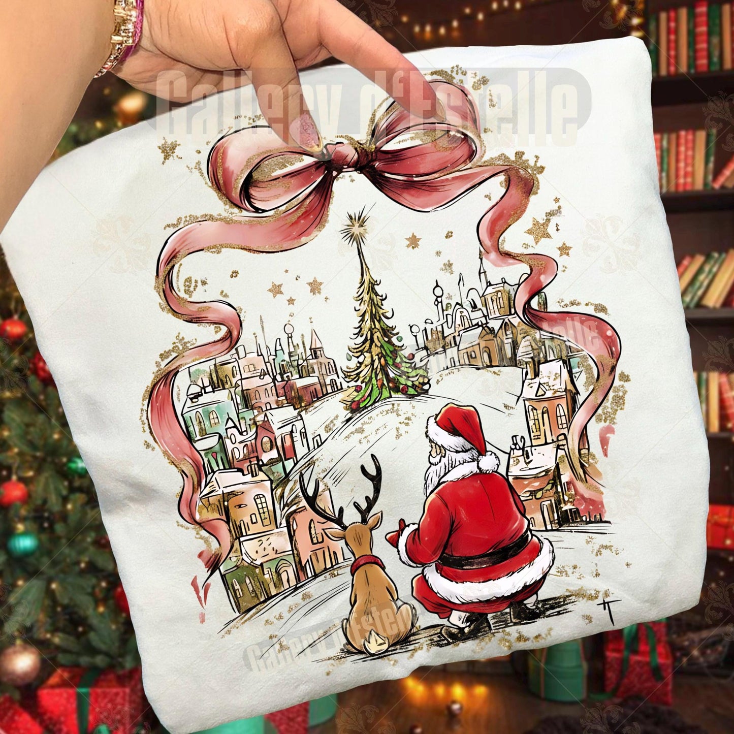 Coquette Christmas Town PNG, Retro Santa & Reindeer Graphic, Whimsical Holiday Shirt Design, Festive Christmas Art
