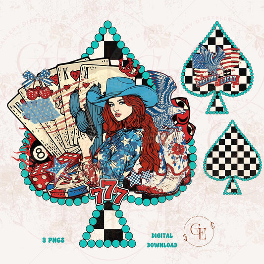 4th of July Feeling Lucky PNG featuring western cowgirl with casino cards, turquoise checkered pattern and patriotic spade graphic for Independence Day shirt