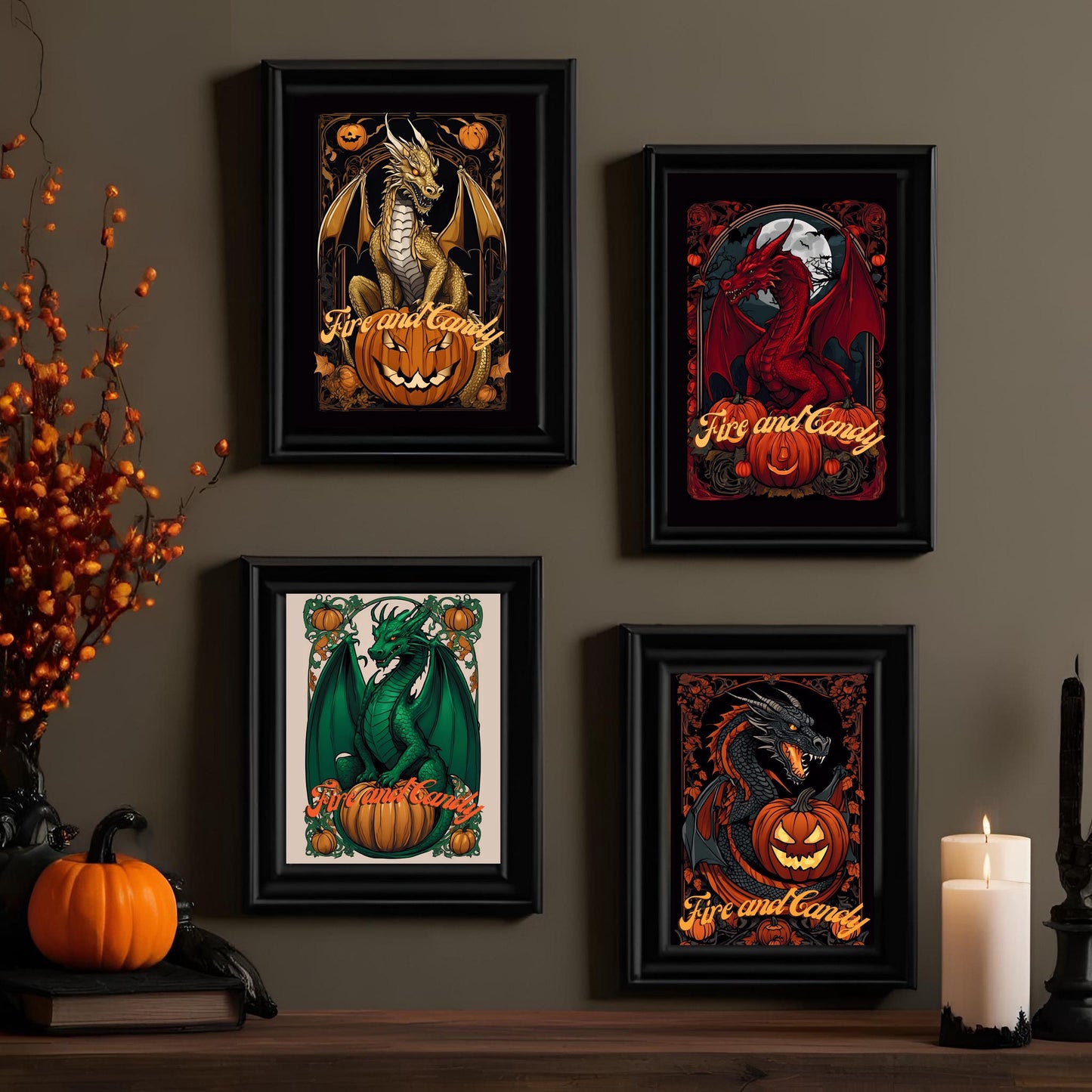 Halloween Dragons Wall Art Bundle-"House Spookaryen", Spooky Art Nouveau Prints for Halloween Decoration