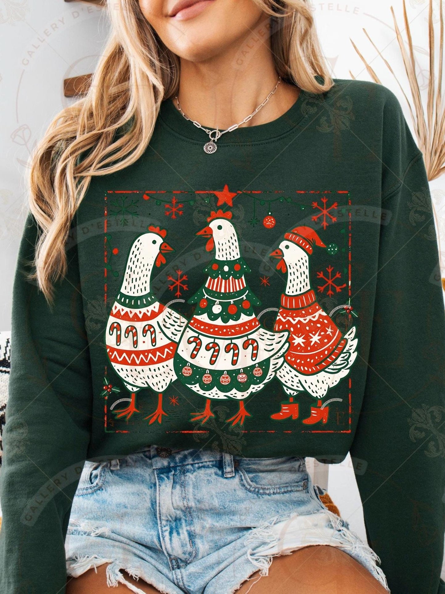 Boho Christmas Chickens PNG, Retro Festive Chicken Graphic, Vintage Farmhouse Holiday Sublimation, Coquette Chick Shirt Design