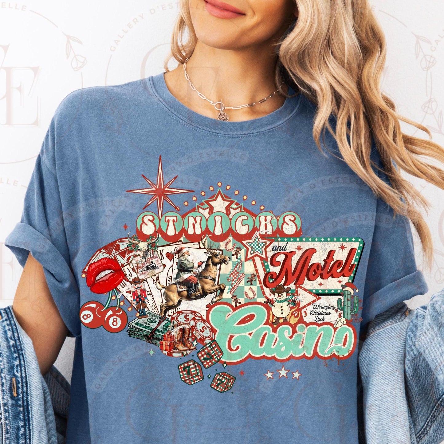 St. Nick's Casino and Motel Western Collage PNG, Retro Vegas Christmas Graphic, Edgy Cowboy Santa Casino Art, Country Holiday Shirt Design