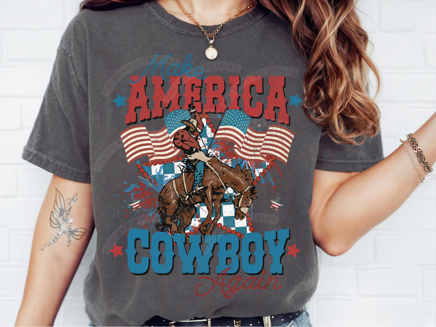 American Cowboy Western PNG, Vintage 4th of July Graphic, Trendy Patriotic Independence Day Country Shirt Design