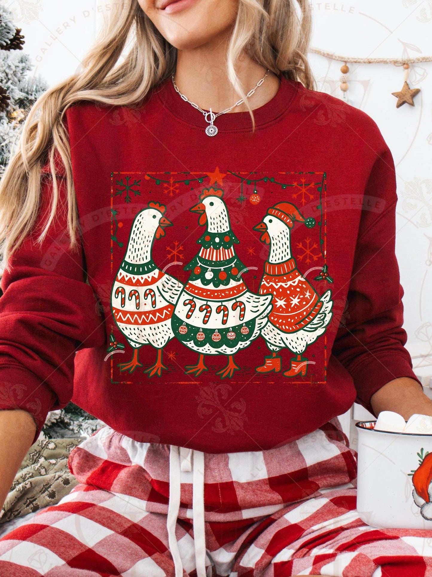 Boho Christmas Chickens PNG, Retro Festive Chicken Graphic, Vintage Farmhouse Holiday Sublimation, Coquette Chick Shirt Design