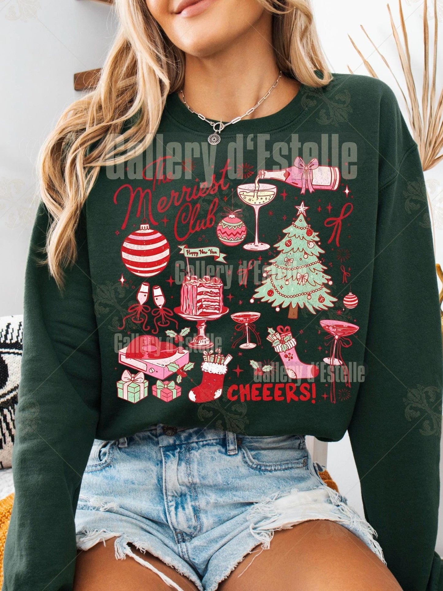 Coquette Merriest Club PNG, Cute Christmas Collage Graphic, Retro Holiday Party Design, Trendy Festive Shirt Design
