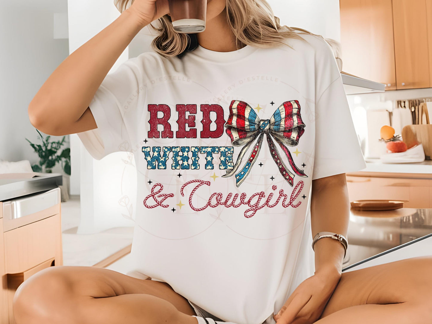 Red White & Cowgirl PNG, Retro Western 4th of July Graphic, Coquette Patriotic Rodeo Shirt Design