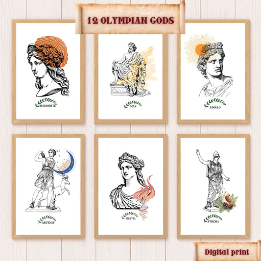 12 Olympian Gods Wall Art Set, Greek Mythology Aesthetic, Hellenic Home Decor, Greece Digital Print