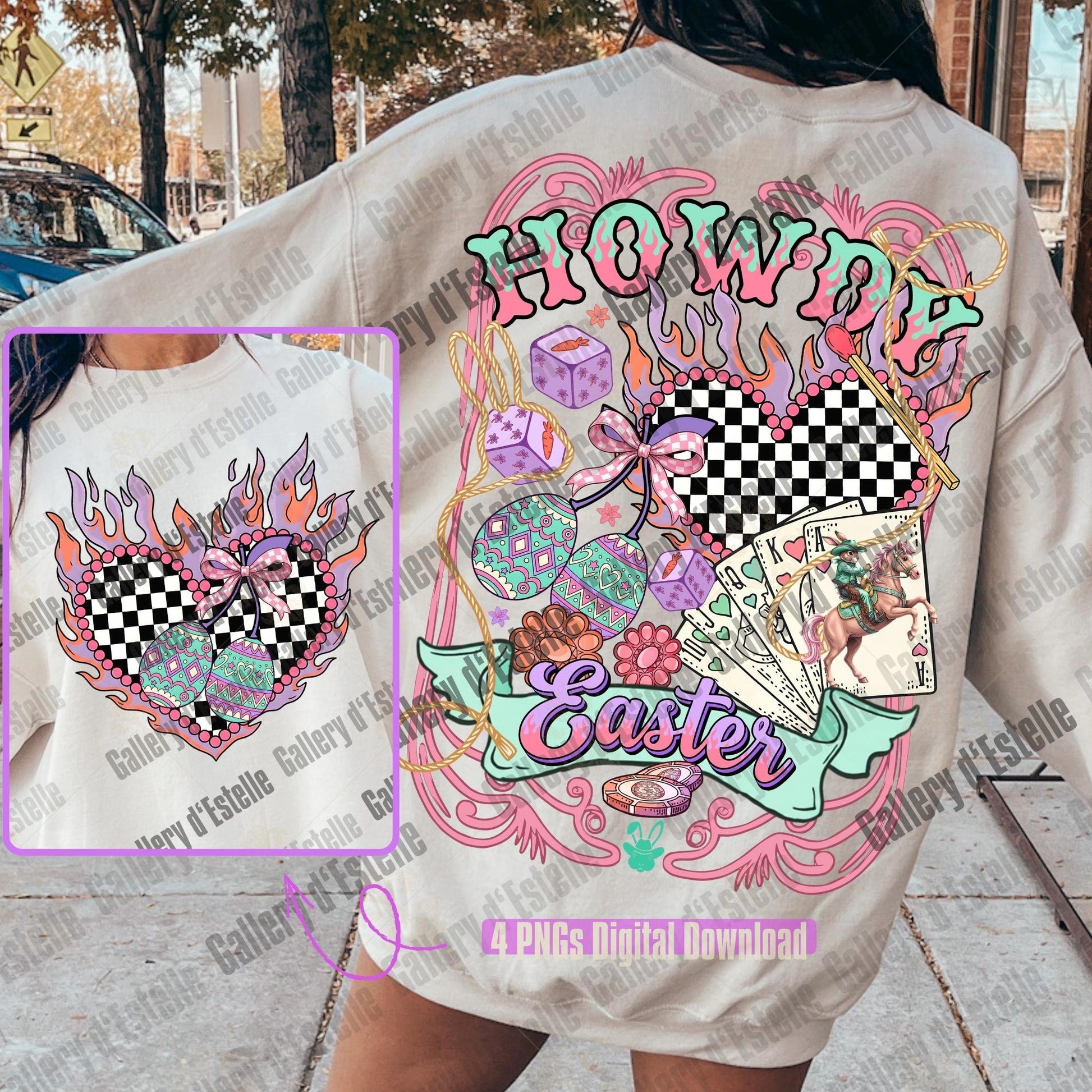 Beige sweatshirt with colorful 'Happy Easter' design featuring eggs, flowers, and a checkered heart.