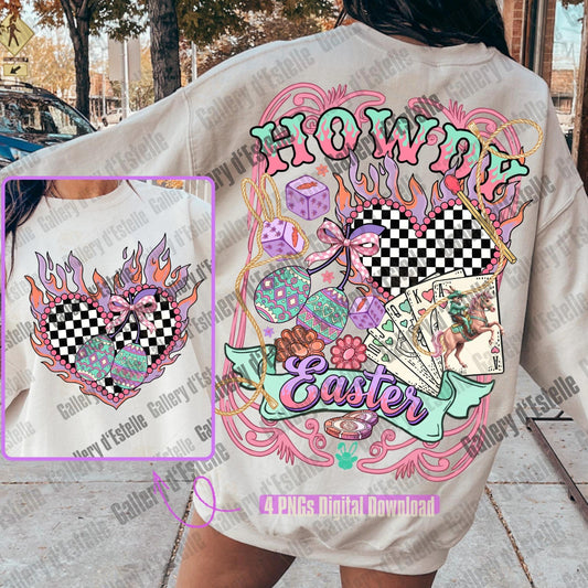 Beige sweatshirt with colorful 'Happy Easter' design featuring eggs, flowers, and a checkered heart.