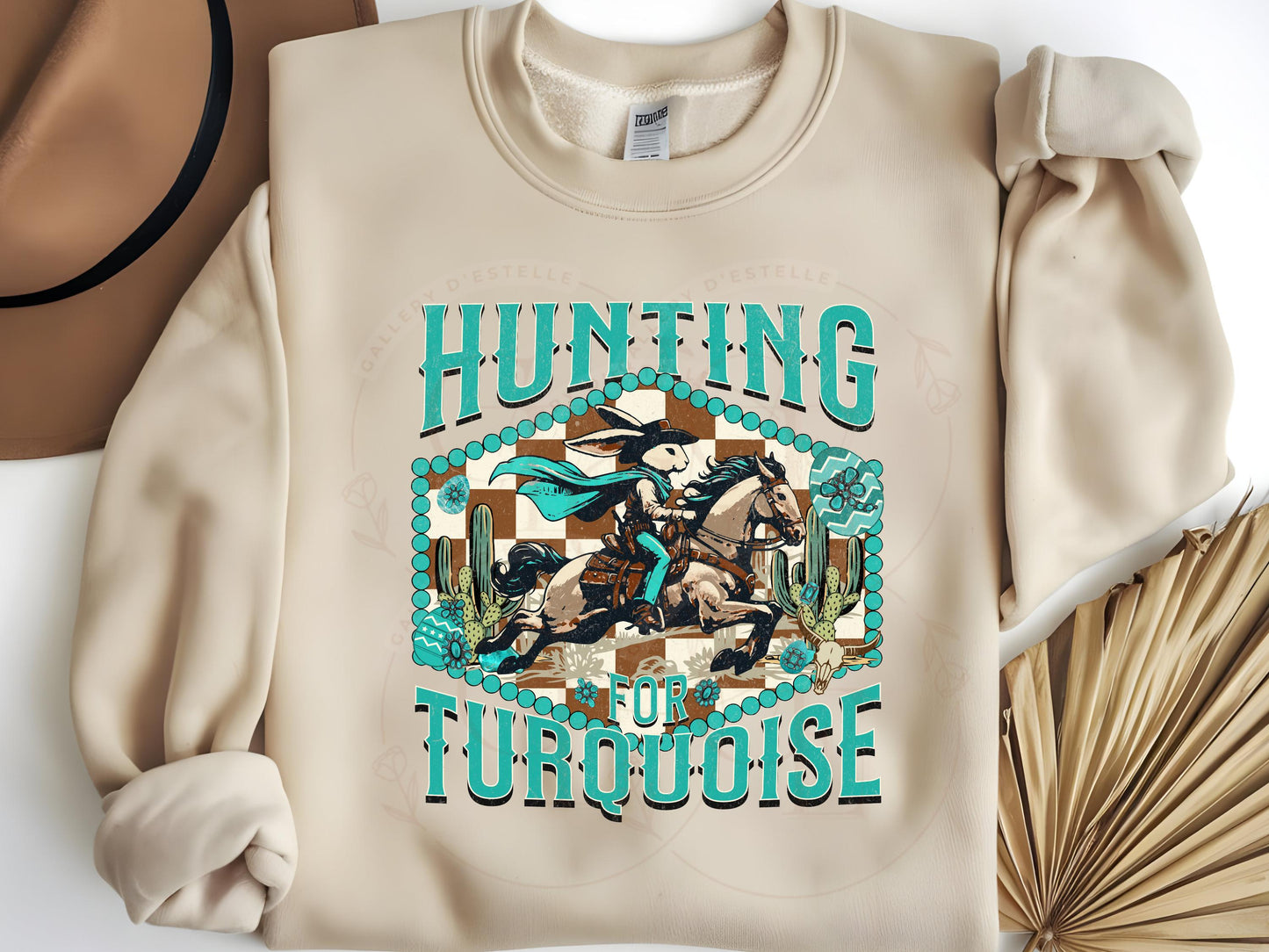 Hunting for Turquoise PNG, Wild West Easter Bunny Rodeo Graphic, Western Cowgirl Turquoise Checkered Shirt Design