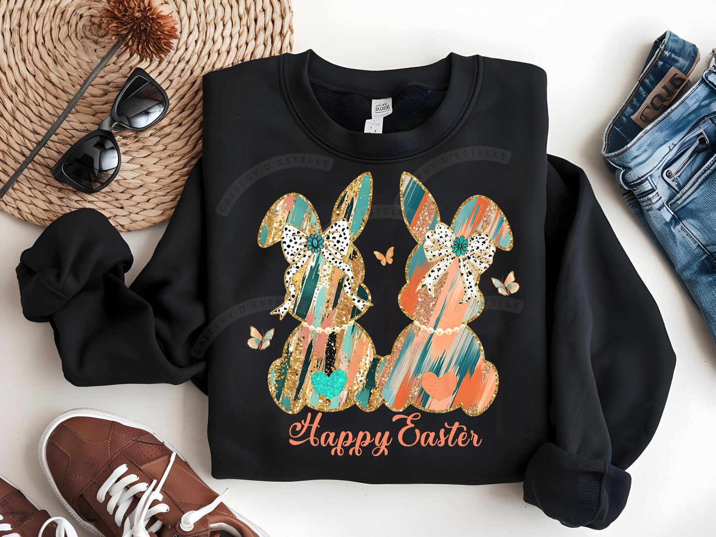 Coquette Glitter Bunnies PNG, Gold Coral Brushstroke Art, Cowgirl Easter Graphic, Trendy Country Shirt Design