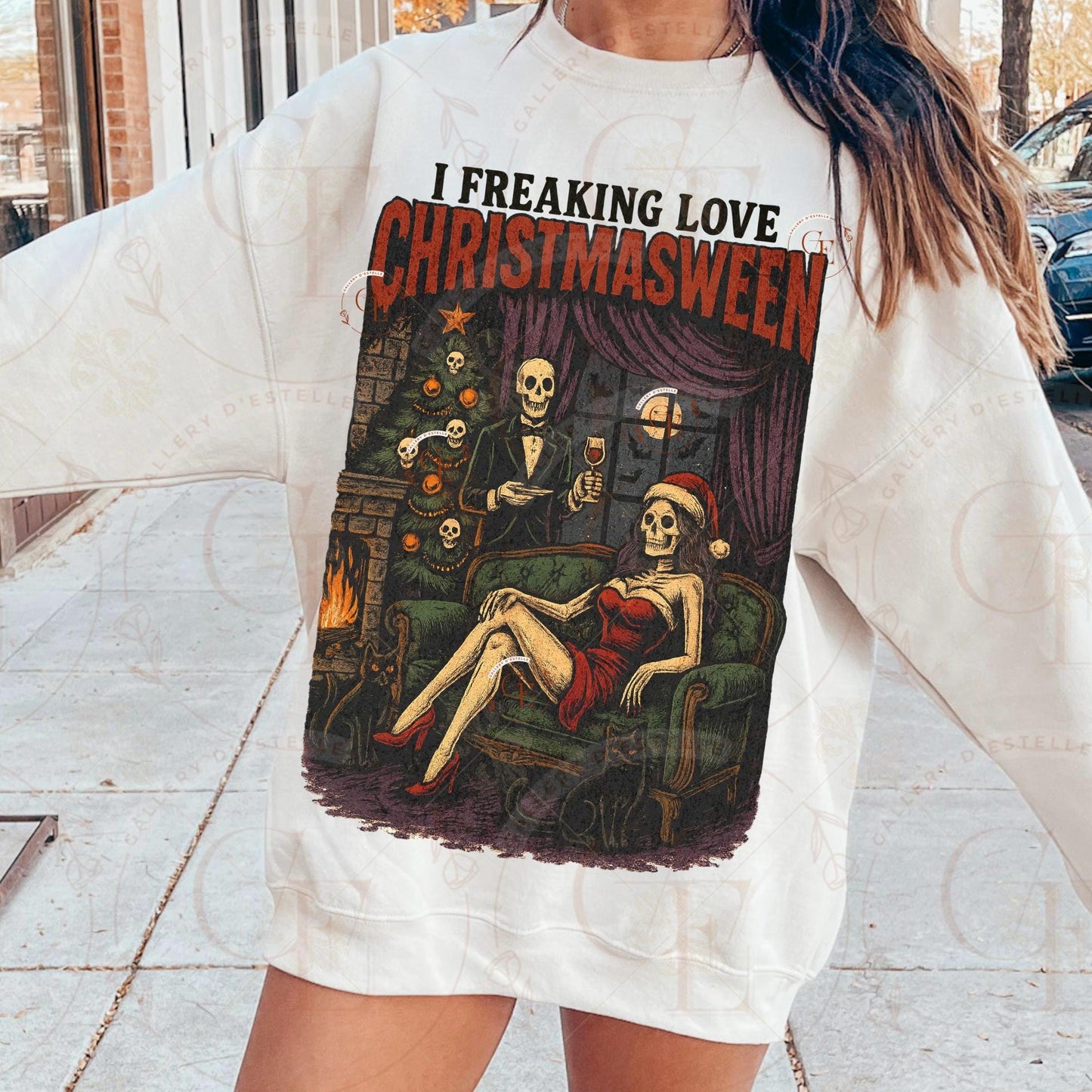 I Freaking Love Christmasween PNG, Retro Halloween Skeleton Graphic, Spooky Christmas Art, Gothic Holiday Design, Edgy Horror Shirt Sublimation