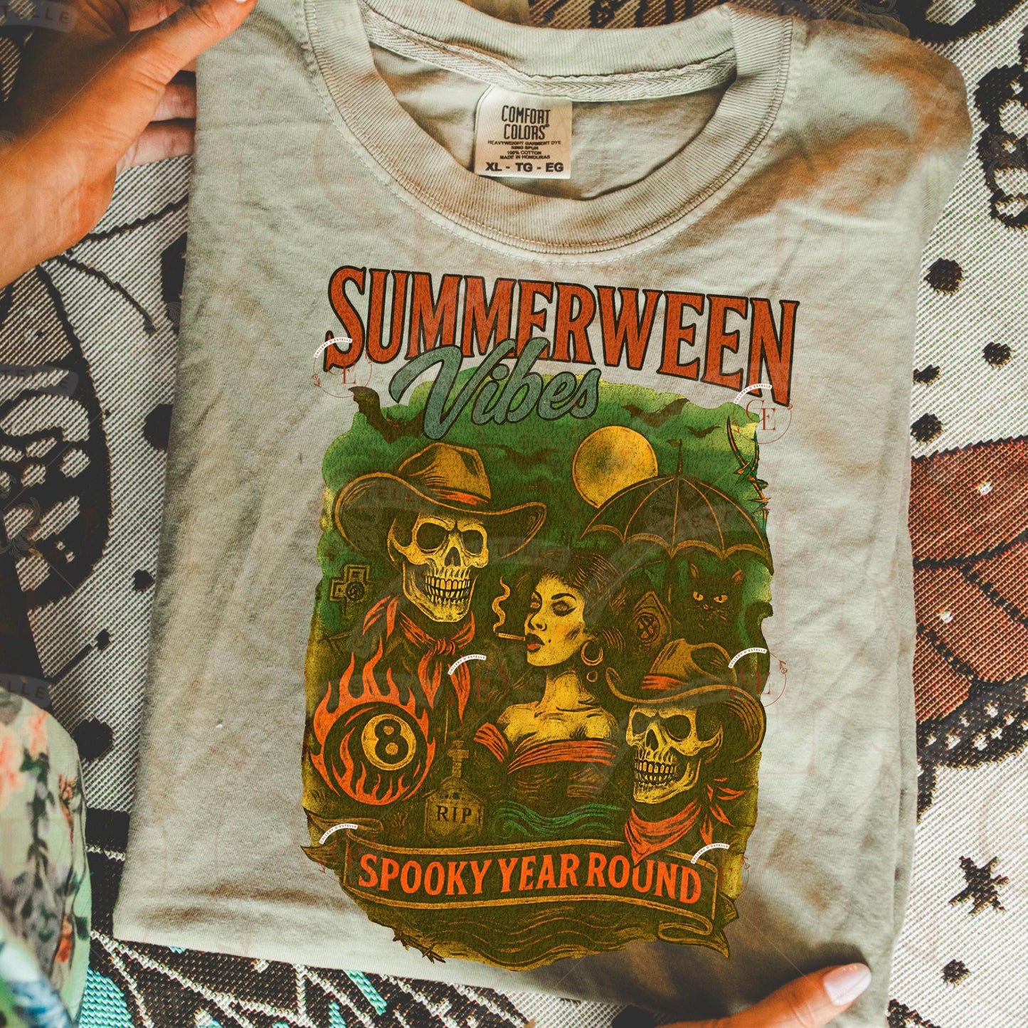 Summerween Vibes Western PNG, Retro Halloween Skeleton Collage, Spooky Gothic Country Shirt Design