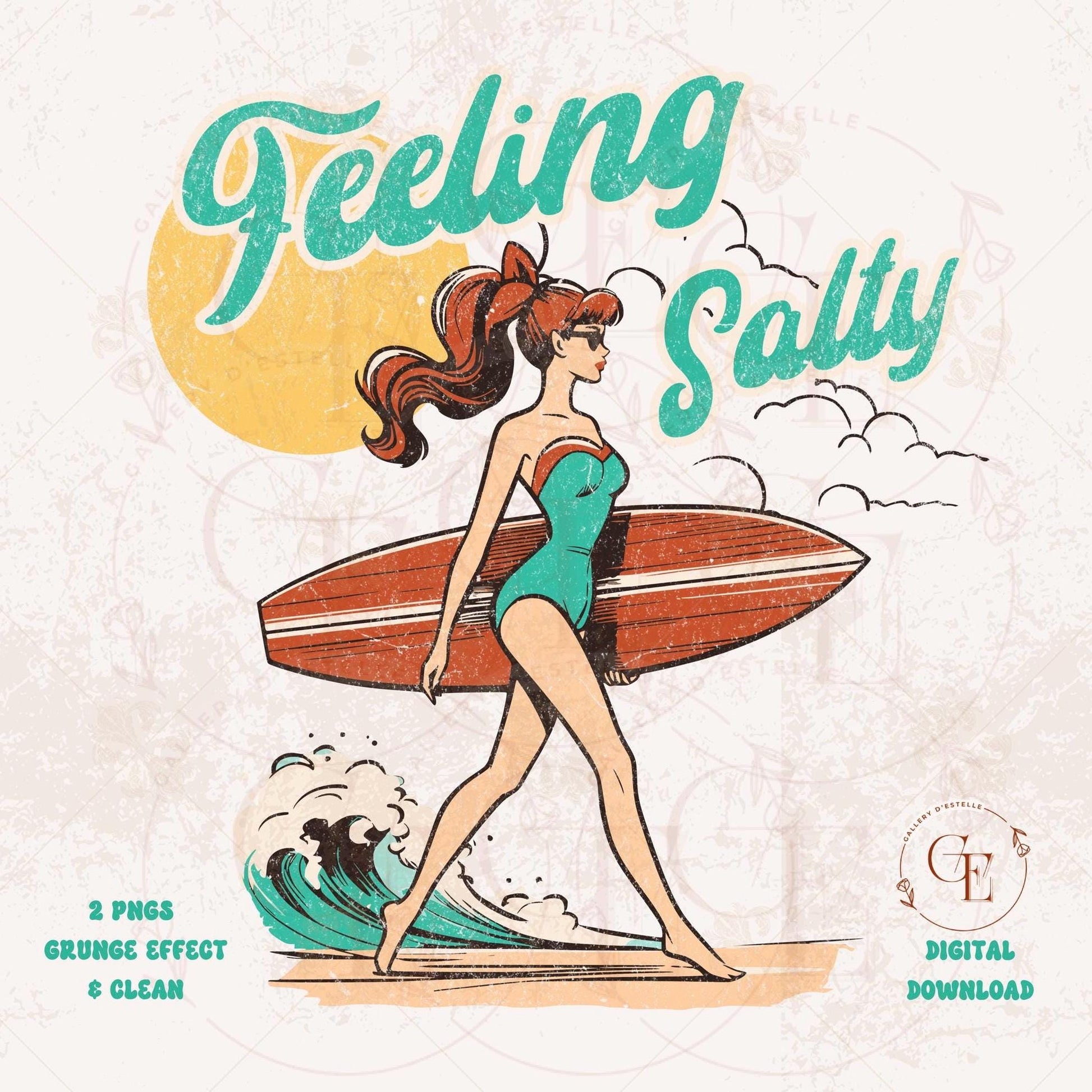 Vintage-style illustration of a woman with a surfboard, text 'Feeling Salty', and beach elements on a light background.