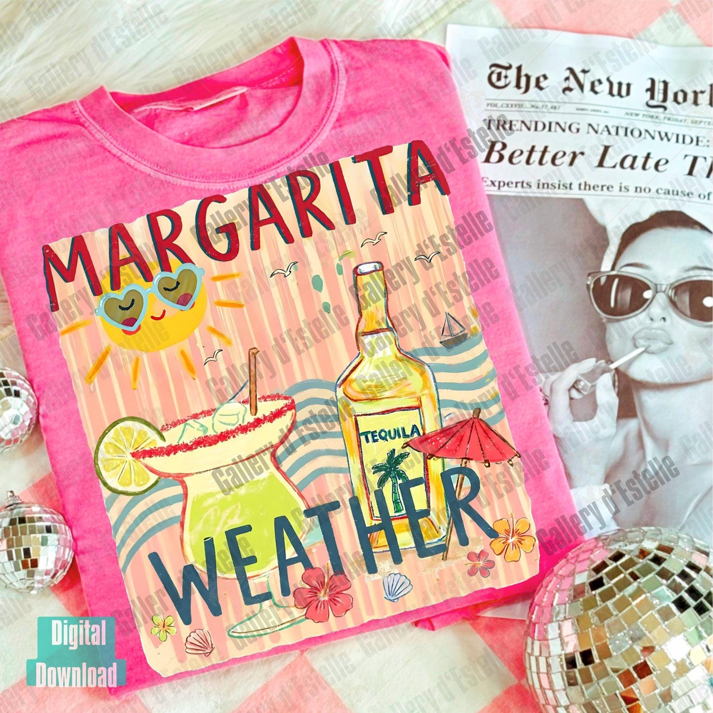Pink t-shirt with 'Margarita Weather' design on a newspaper background