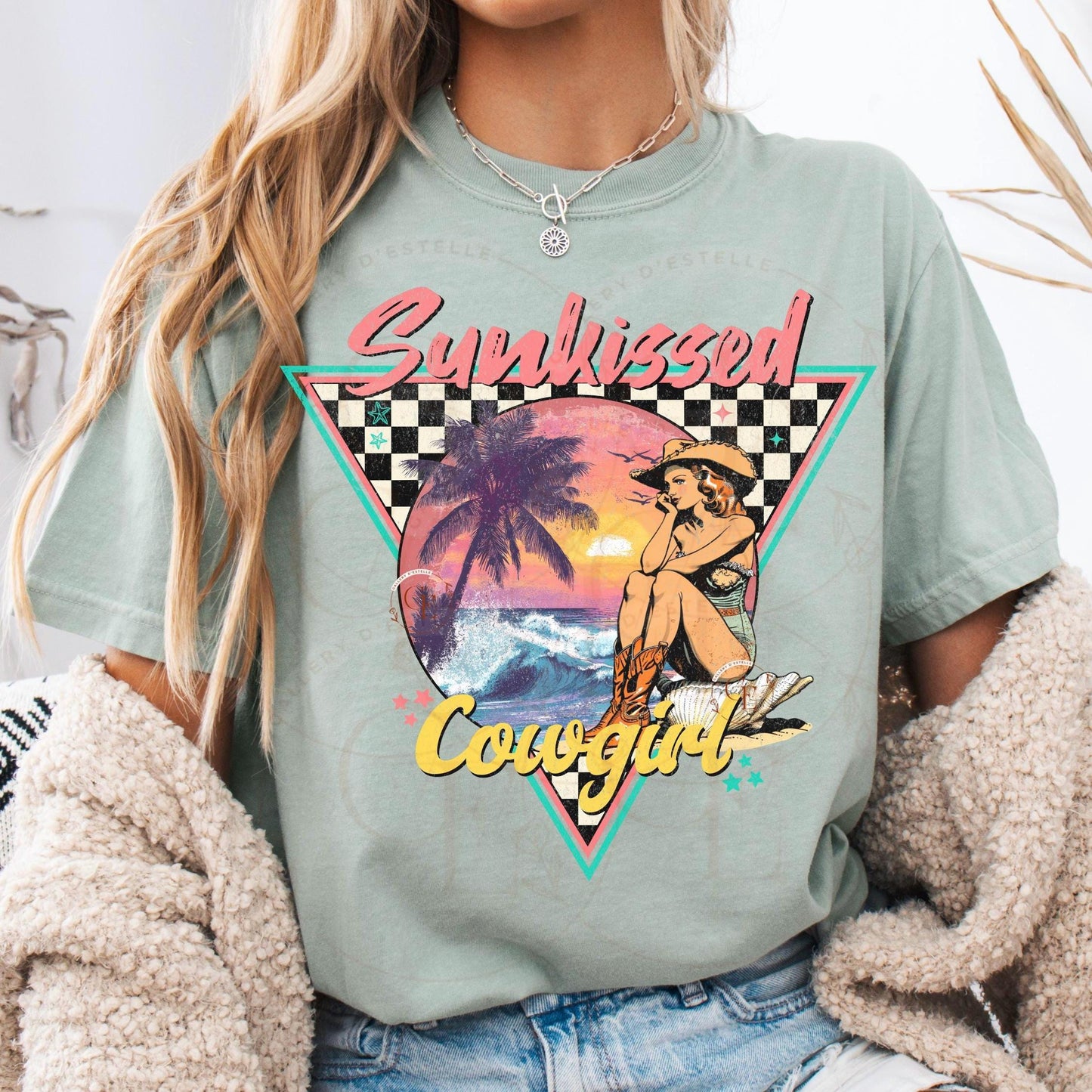 Sunkissed Cowgirl PNG, Retro Coastal Summer Vibes Graphic, Trendy Western Checkered Shirt Design