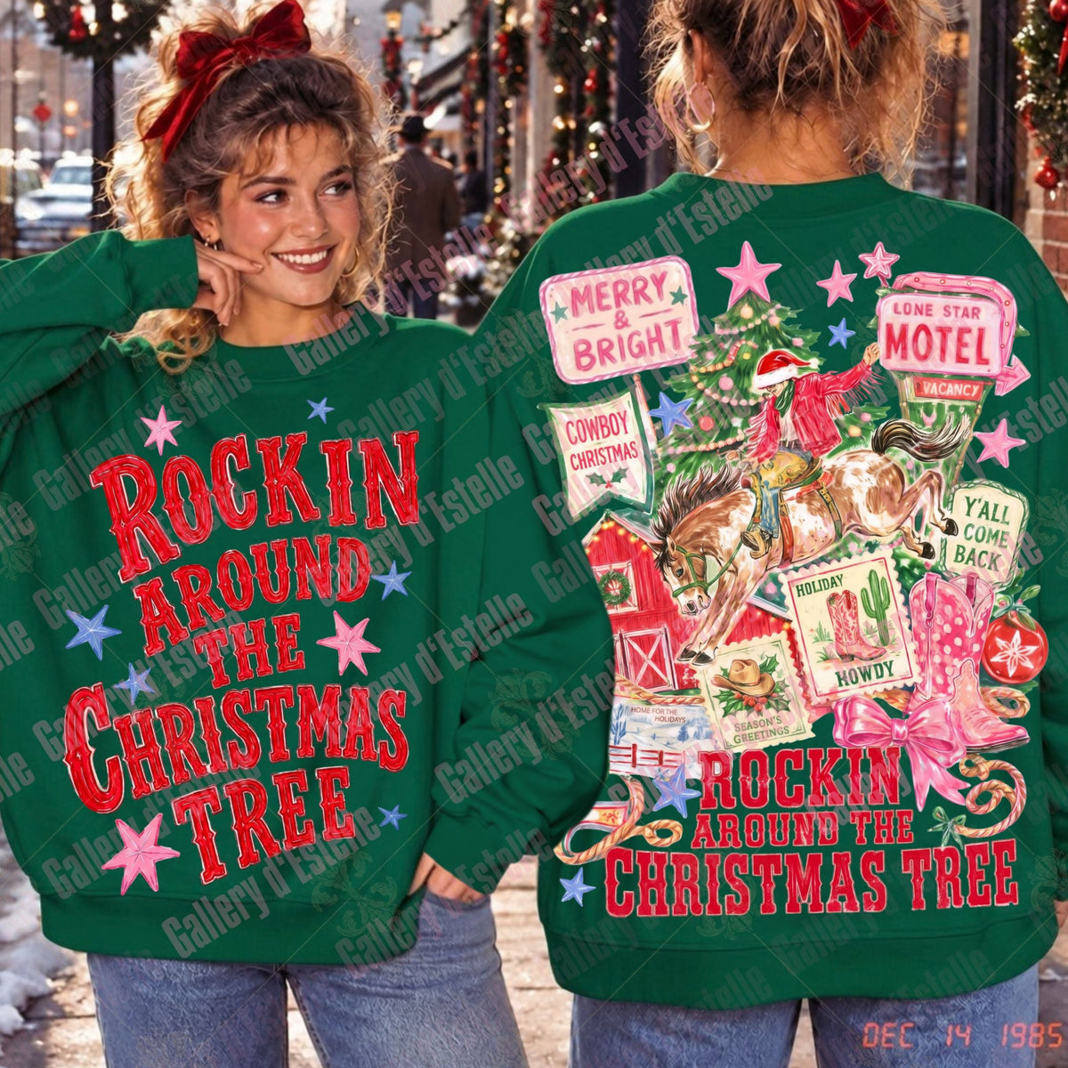A green Christmas sweater shown on two models, one from the front and one from the back, featuring 'ROCKIN' AROUND THE CHRISTMAS TREE' text and a busy holiday-themed collage on the back.