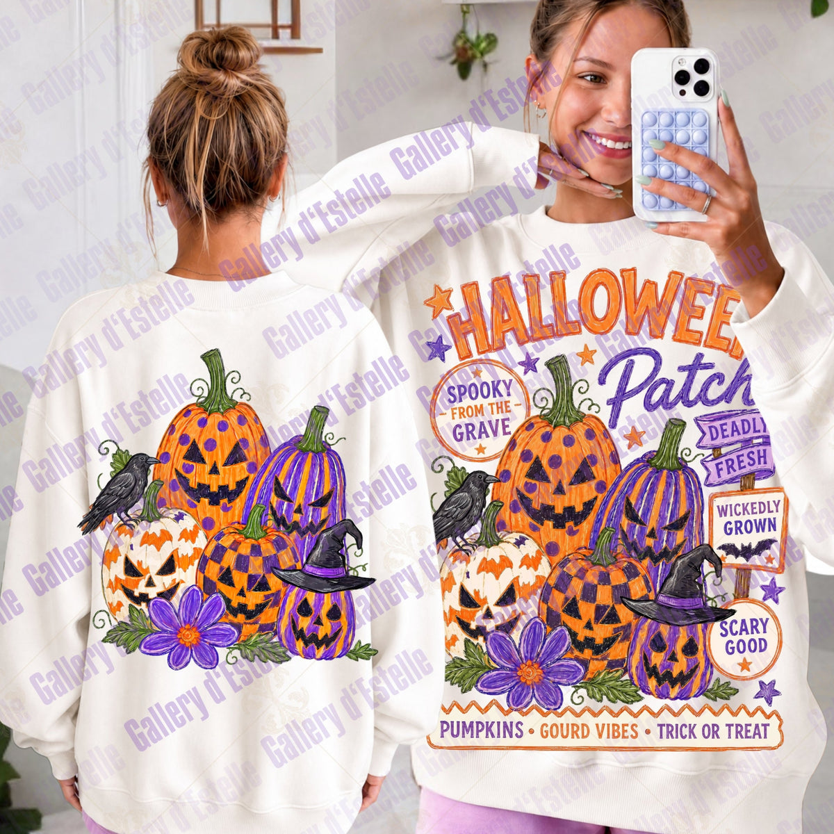 A white long-sleeve sweatshirt with a colorful Halloween graphic print, shown from both the front and back on models. The design features jack-o'-lanterns, purple flowers, crows, and a witch hat with text reading 'HALLOWEEN Patch'.