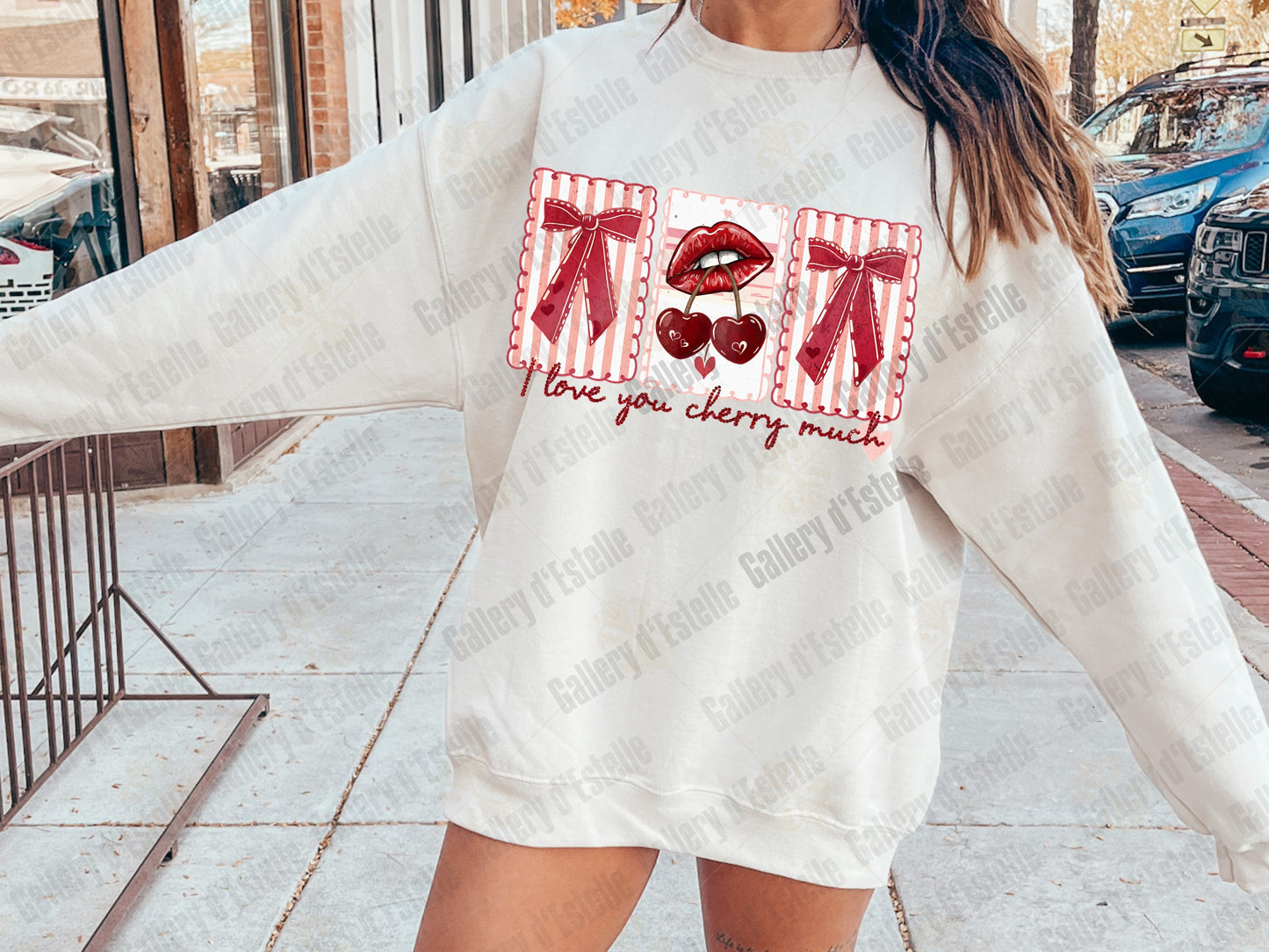 Love You Cherry Much PNG, Retro Cherry Lips Graphic, Coquette Valentine Stamp Collage, Trendy Pink Bow Shirt Design