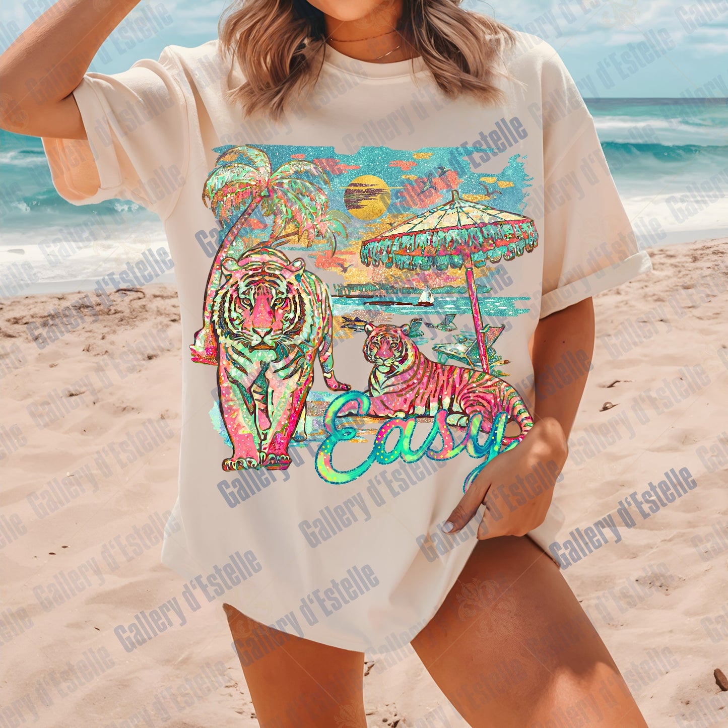 Easy Tiger Summer PNG, Funny Colorful Preppy Coastal Graphic, Trendy Beach Shirt Design