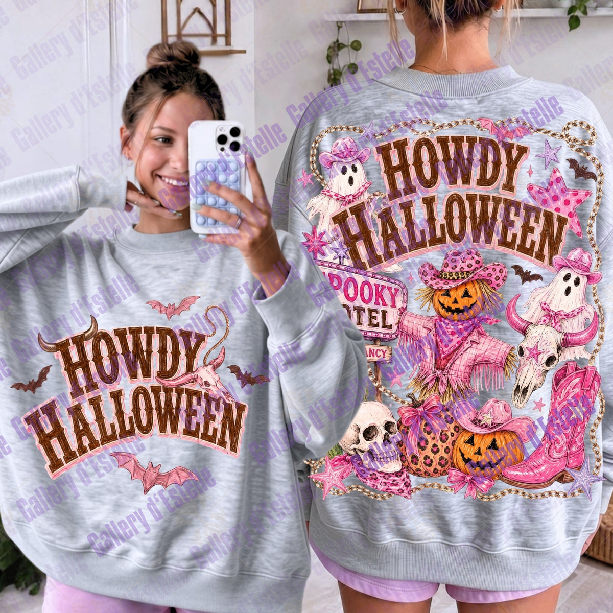 A light heather gray crewneck sweatshirt with a 'Howdy Halloween' graphic, shown from both front and back on a model. The front features brown text and small bat motifs, while the back has a large, colorful graphic with pumpkins, ghosts, a cowgirl, and skulls in pink, orange, and purple tones.