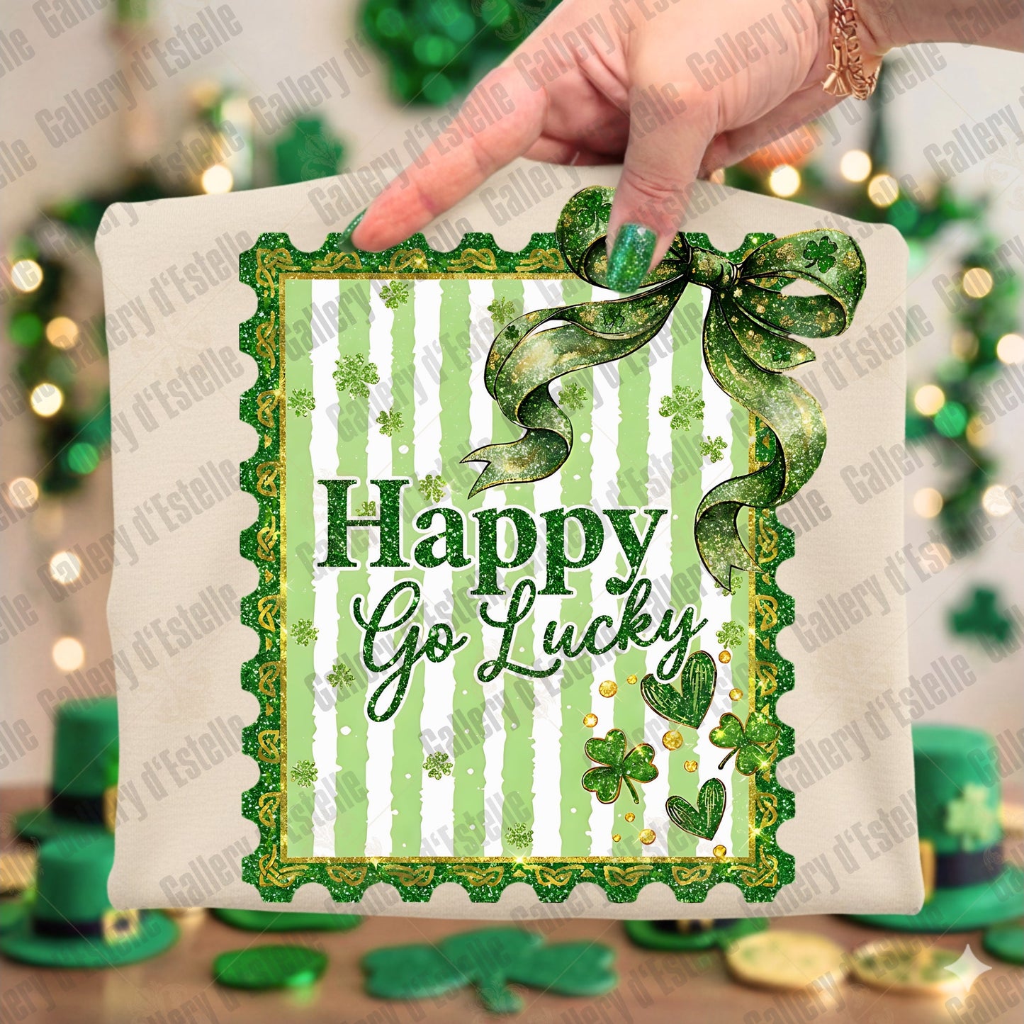 Happy Go Lucky St Patrick’s PNG, Retro Irish Stamp Graphic, Coquette Lucky Shirt Design