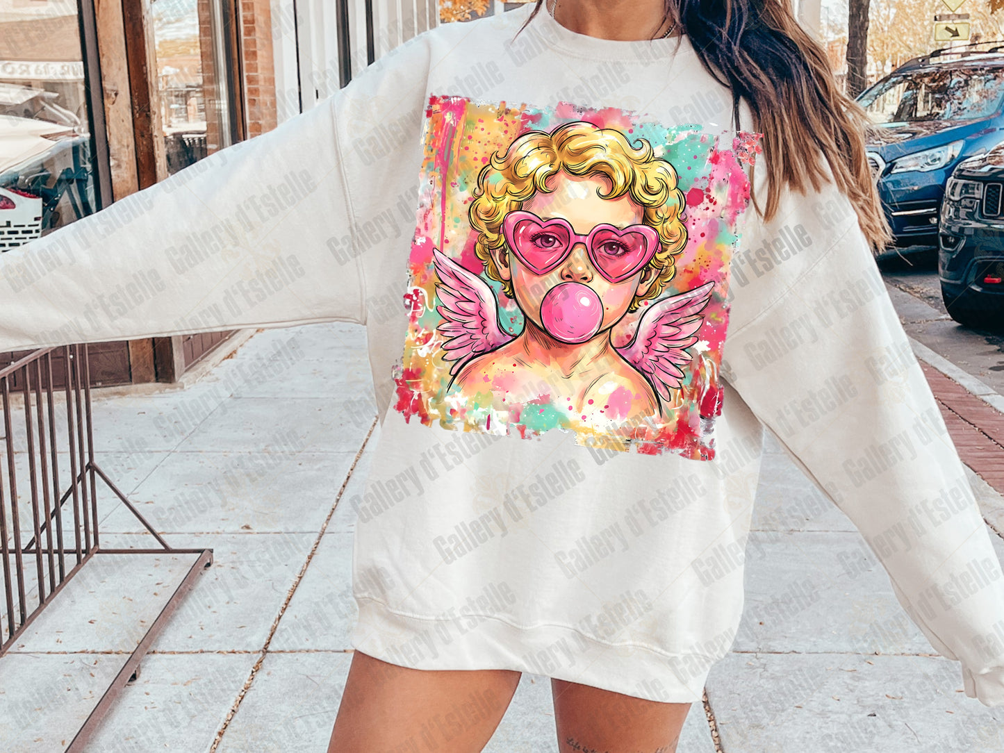 Preppy Cupid Valentine PNG, Colorful Watercolor Angel Graphic, Retro Bubblegum Art, Trendy Love Shirt Design