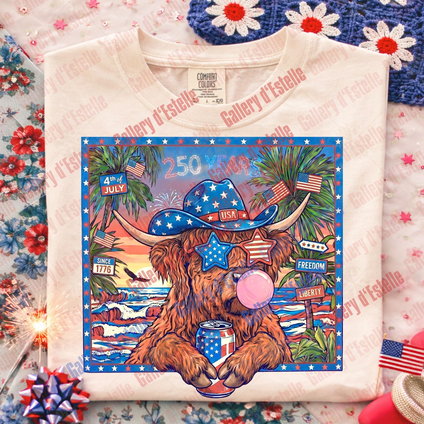 Patriotic Highland Cow PNG, Western 4th of July Graphic, Trendy USA Freedom Shirt Design