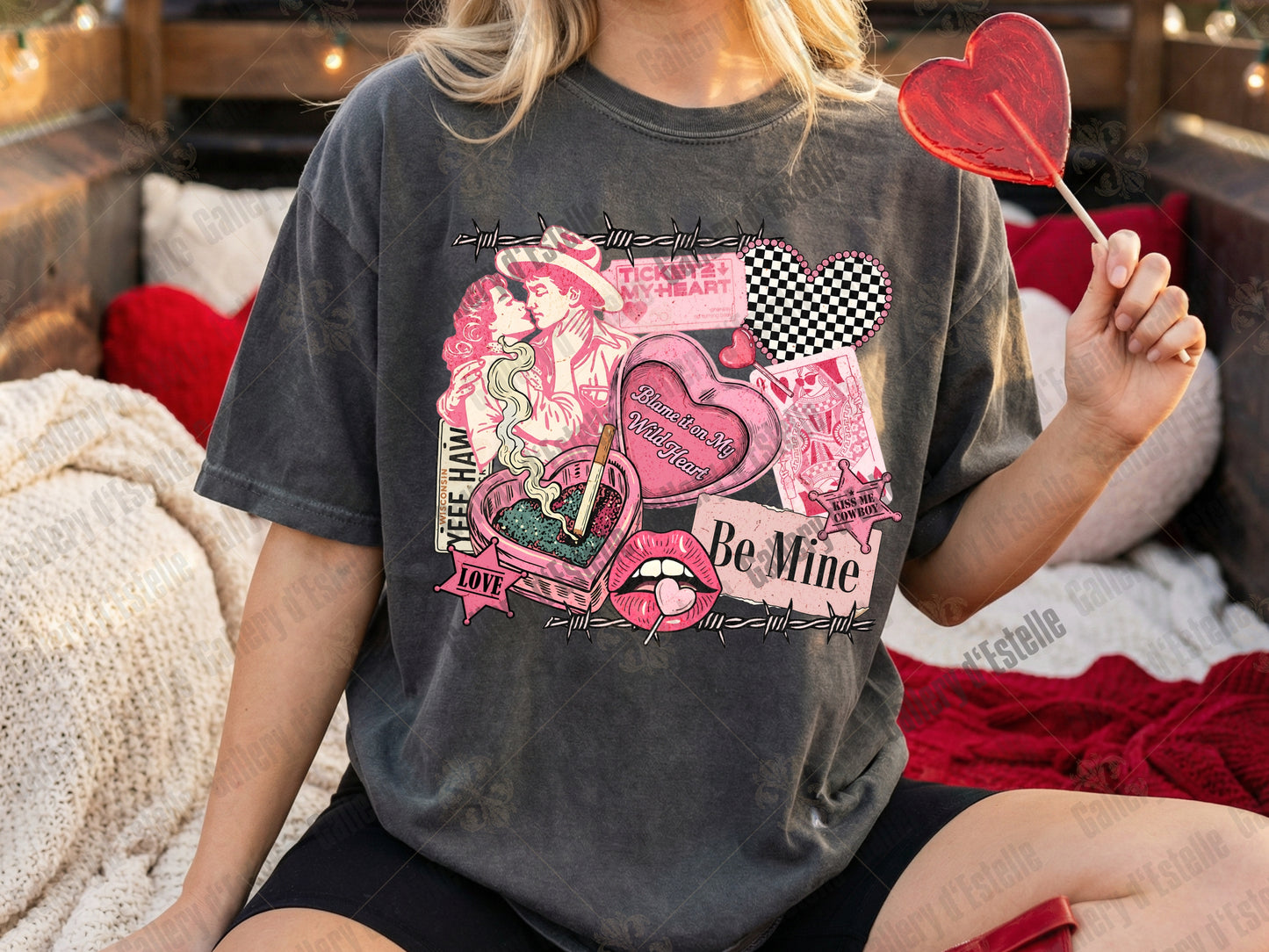 Cowboy Valentine Collage PNG, Retro Western Love Graphic, Wild West Romance Art, Coquette Be Mine Shirt Design