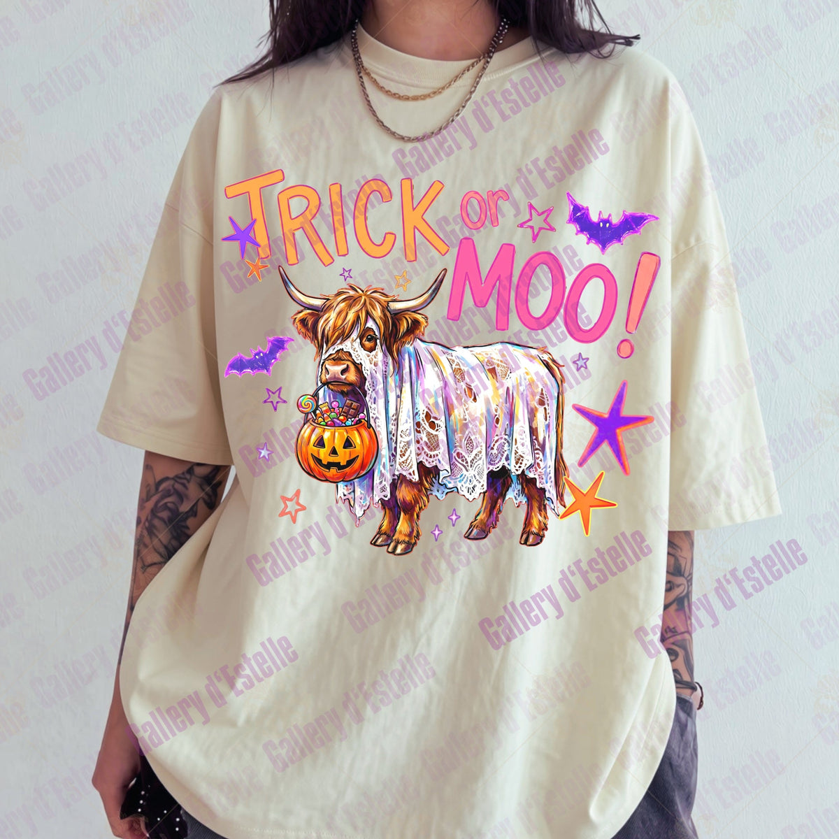 Trick or Moo PNG, Retro Spooky Highland Cow, Funny Trick or Treat Graphic, Trendy Halloween Shirt Design