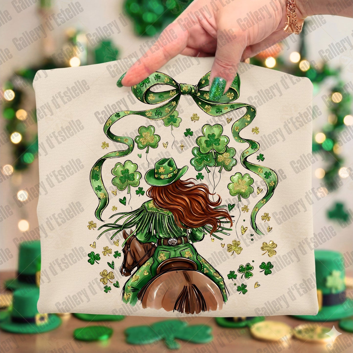 Western St Patrick’s Cowgirl PNG, Retro Country Rodeo Art, Coquette Lucky Shirt Design