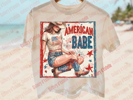 American Babe PNG, Retro Patriotic Cowgirl Graphic, Trendy 4th of July Shirt Design, Vintage USA Western Art