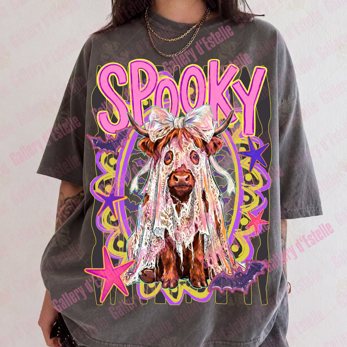 Preppy Spooky Highland Cow PNG, Retro Funny Ghost Graphic, Trendy Halloween Shirt Design