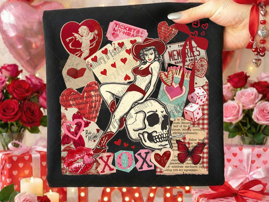 Retro Cowgirl Love Collage PNG, Edgy Y2K Valentine Graphic, Western Pinup Skull Art, Trendy Love Shirt Design