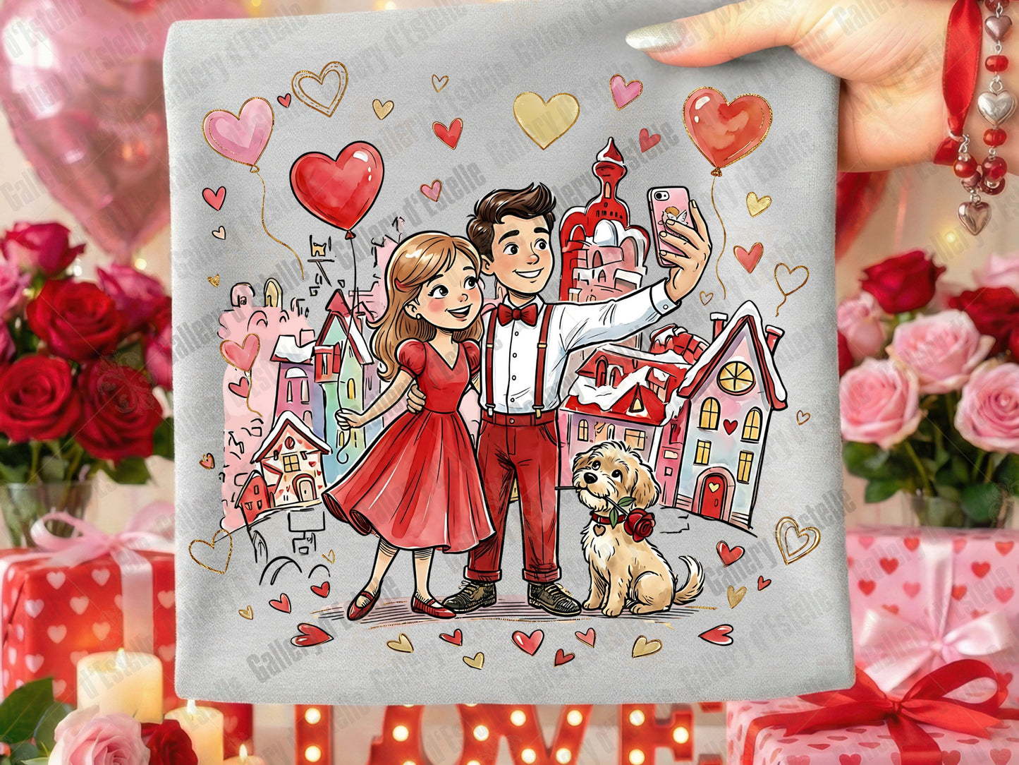 Retro Valentine Love PNG, Whimsical Selfie Couple Illustration, Preppy VDay Shirt Design
