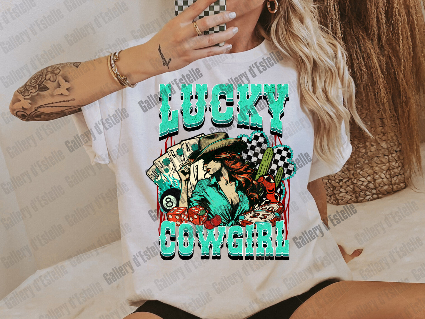 Lucky Cowgirl PNG, Retro Western Casino Aesthetic, Checkered Shamrock Graphic, Wild West Country Shirt Design