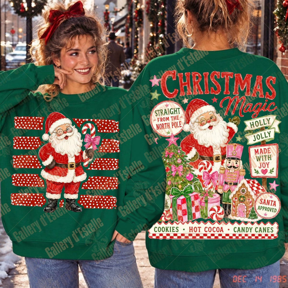 A green Christmas sweater shown on a model from both the front and back. The front features a large graphic of Santa Claus on red-and-white striped background.