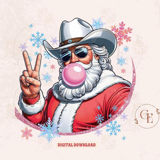 Retro Cowboy Santa Blowing Bubble PNG, Funny Western Christmas Shirt Design